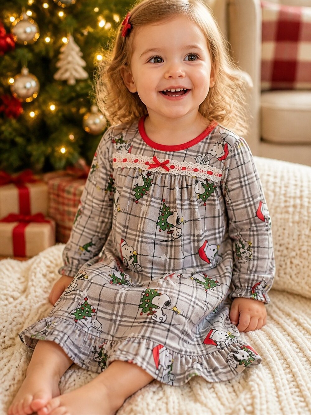 Snoopy Christmas Nightgown Girls 2T Peanuts Flannel Holiday Sleepwear Cozy Gown
